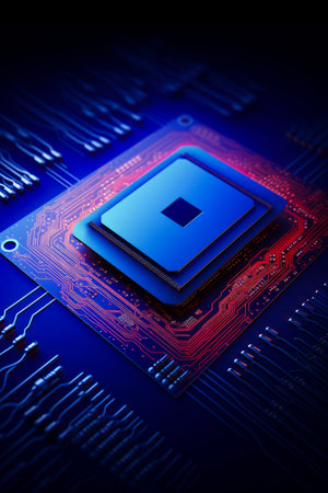 Processor chip on printed circuit board with blue and red lights. Generative AI.の素材