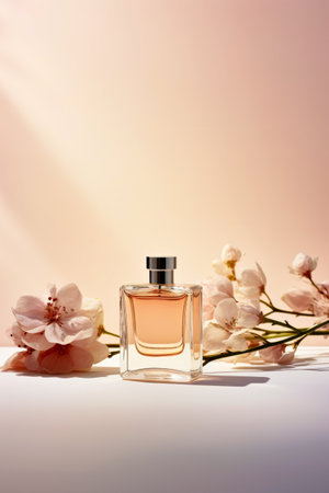 Bottle of perfume sitting next to bunch of flowers. Generative AI.の素材