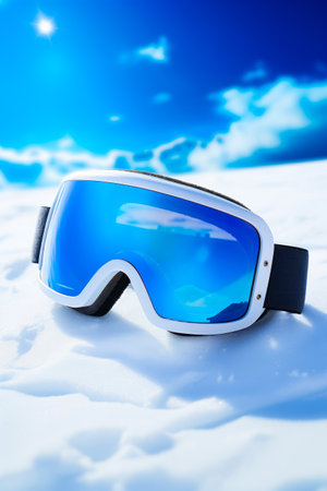 Pair of ski goggles laying in the snow on sunny day. Generative AI.の素材