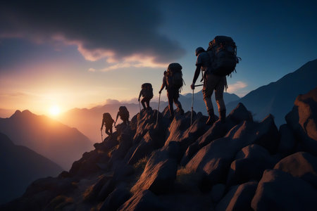 Group of people hiking up mountain at sunset or sunrise. Generative AI.の素材