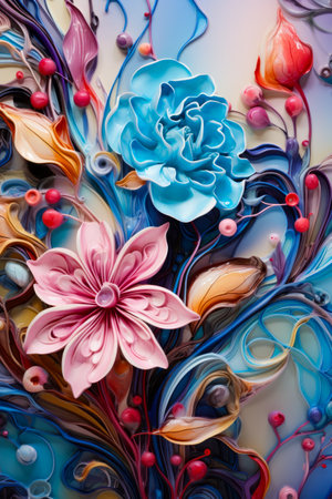 Painting of flowers and leaves on white surface with blue and pink colors. Generative AI.の素材