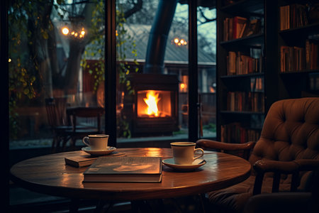 Table with two cups of coffee and book on it. Generative AI.の素材
