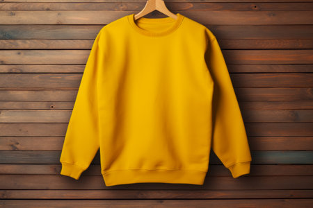 Yellow sweatshirt hanging on wooden wall with wooden hanger. Generative AI.の素材