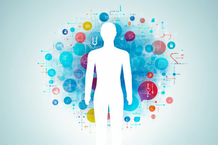 Man standing in front of blue background with circles. Generative AI.の素材