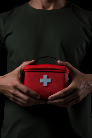 Person holding red case with white cross on it. Generative AI.の素材