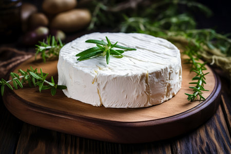 Cheese cake with green leaf on top of it. Generative AI.の素材