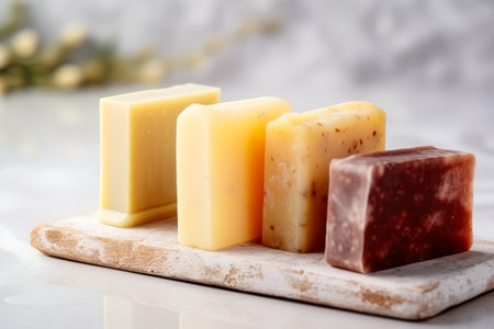 Close up of block of soap on wooden board. Generative AI.の素材