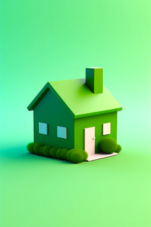 Green house with green roof and green lawn. Generative AI.の素材