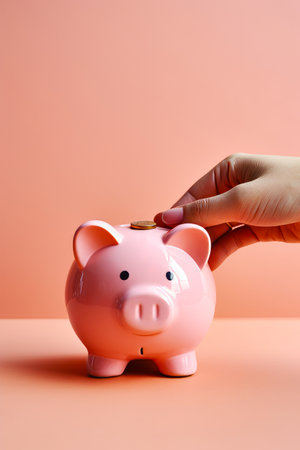 Hand putting coin into pink piggy bank. Generative AI.の素材