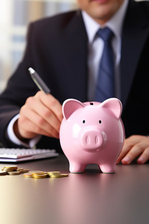Man in suit is putting pen in piggy bank. Generative AI.の素材