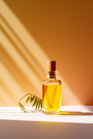 Bottle of oil with small green plant in it. Generative AI.の素材