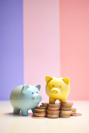 Two piggy banks sitting on top of stacks of coins. Generative AI.の素材