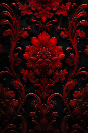 Red flower on black background with red swirl. Generative AI.の素材
