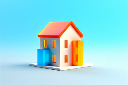 House with blue door and red roof and blue background. Generative AI.の素材