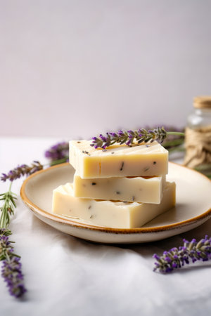 Plate of soap with lavender on it and jar of lavender in the background. Generative AI.の素材