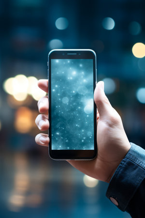 Person holding smart phone in their hand with blurry background. Generative AI.の素材