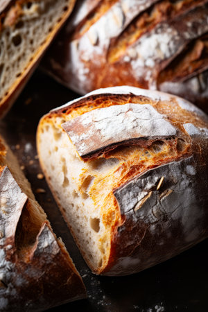 Close up of loaf of bread with lot of crust. Generative AI.の素材