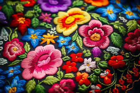 Close up of colorful flower design on black background. Generative AI.の素材