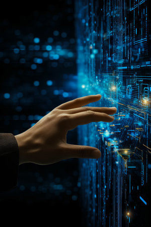 Hand touching digital interface with blue lights in the background. Generative AI.の素材
