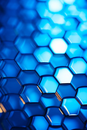 Blue hexagonal tile with light shining on it. Generative AI.の素材