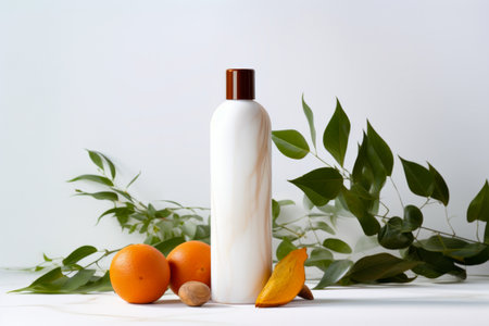 Bottle of lotion next to some oranges and plant. Generative AI.の素材