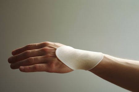 Person with bandage on their arm holding white object. Generative AI.の素材
