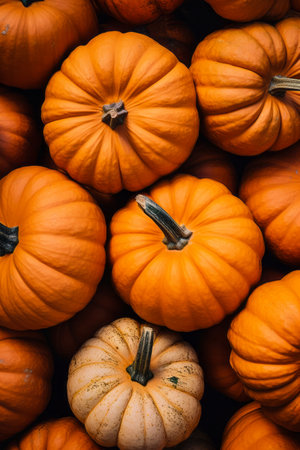 Pile of pumpkins sitting next to each other on table. Generative AI.の素材