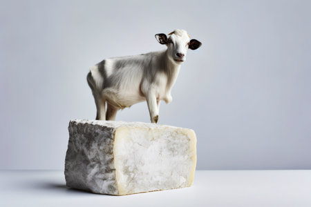 Goat standing on block of cheese on table. Generative AI.の素材