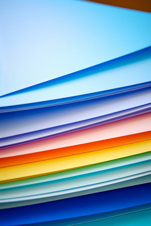 Close up of stack of papers with blue background. Generative AI.の素材