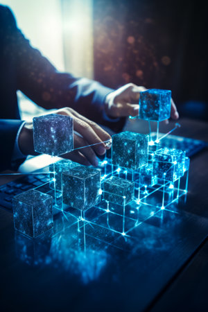 Person is working on computer with glowing cubes. Generative AI.の素材