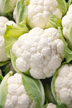 Close up of cauliflower with leaves on it. Generative AI.の素材