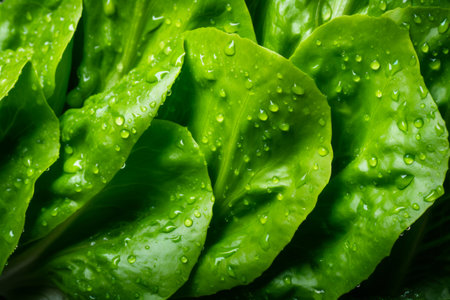 Close up of green leafy plant with water droplets. Generative AI.の素材