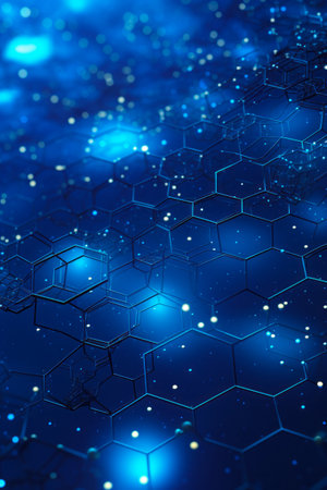 Blue background with hexagonal shapes and stars on it. Generative AI.の素材