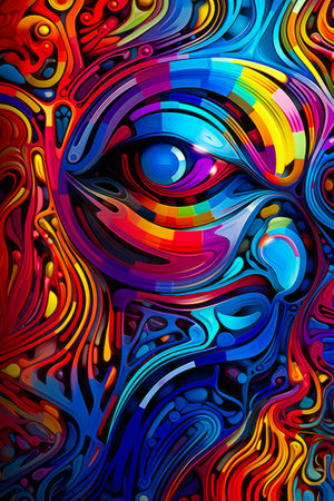 Colorful painting of man's face with beard. Generative AI.の素材