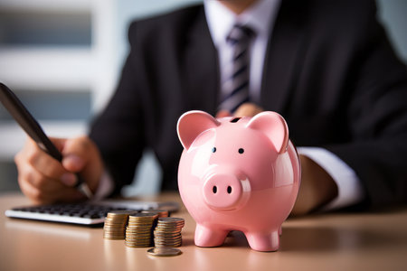 Man in suit putting coins into piggy bank. Generative AI.の素材