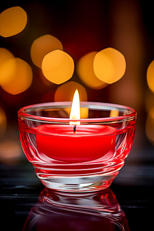 Red candle is in glass bowl on table. Generative AI.の素材