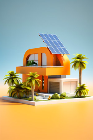 House with solar panel on the roof and palm trees. Generative AI.の素材