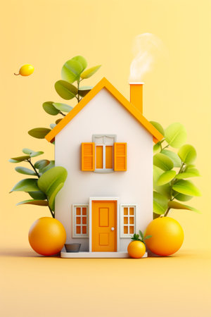 House with oranges around it and tree with leaves. Generative AI.の素材