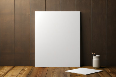 White square piece of paper on wooden table next to pen and cup. Generative AI.の素材