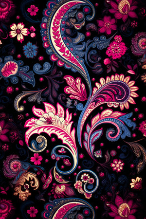 Colorful floral pattern with many different colors and shapes on black background. Generative AI.の素材