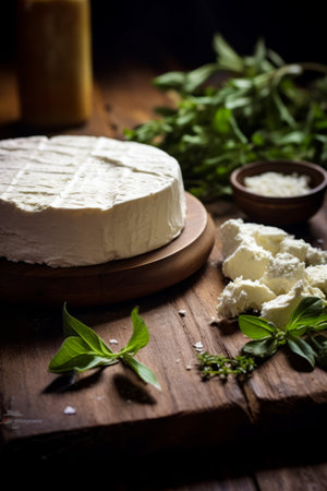 Cake with cheese and herbs on wooden table next to knife. Generative AI.の素材