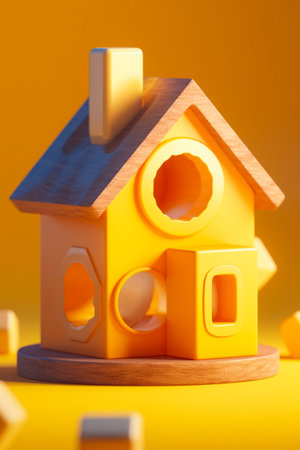 Yellow toy house with clock on top of it. Generative AI.の素材