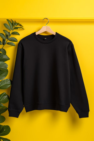 Black sweatshirt hanging on yellow wall next to plant. Generative AI.の素材
