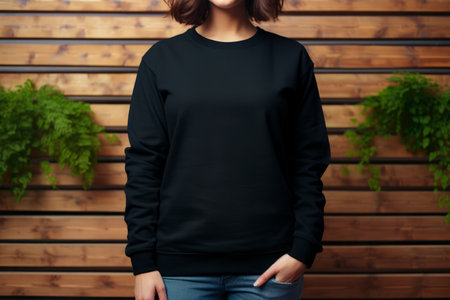 Woman wearing black sweatshirt standing in front of wooden wall. Generative AI.の素材