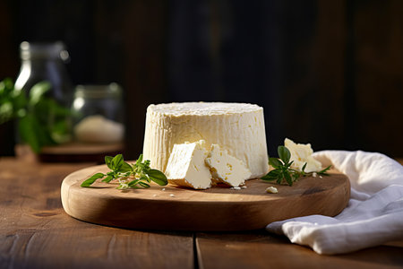 Cheese cake with piece cut out of it on wooden board. Generative AI.の素材