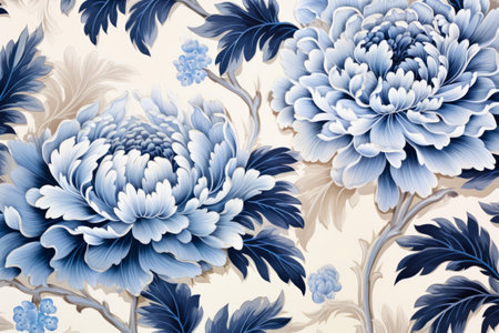 Blue and white flower pattern on wallpaper background. Generative AI.の素材