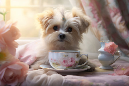 Small dog sitting on bed next to cup. Generative AI.の素材