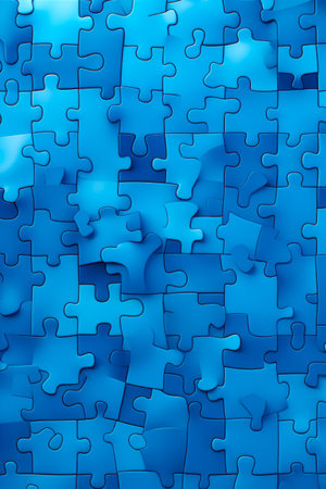 Blue puzzle piece background with missing piece in the middle. Generative AI.の素材