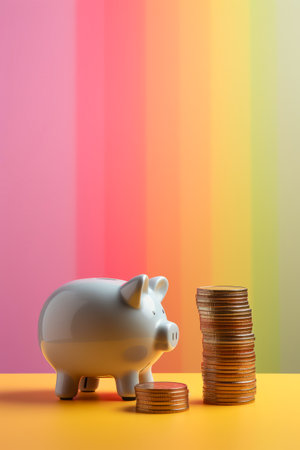 Piggy bank sitting next to stack of coins. Generative AI.の素材