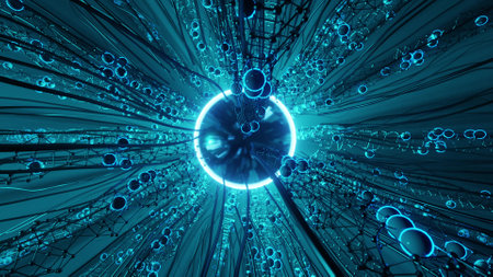 Animation. sphere emitting light and wavy hair with balls in space.の写真素材